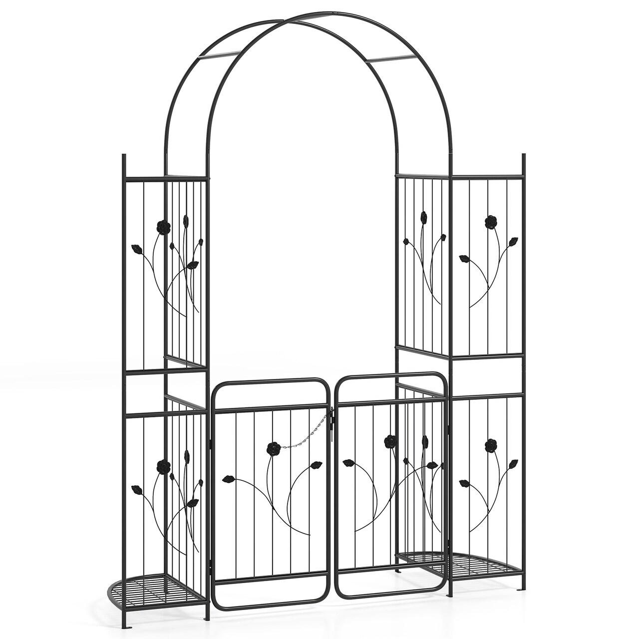 87" Metal Garden Arbor Arch with Gate Planters and Climbing Trellis